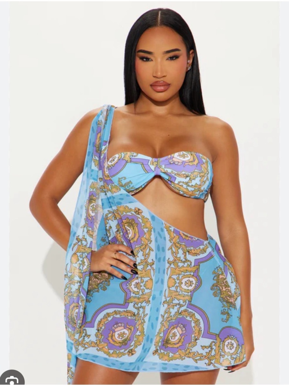 Light Blue Baroque Print Bandeau Bikini Set with Sarong - 3 piece set